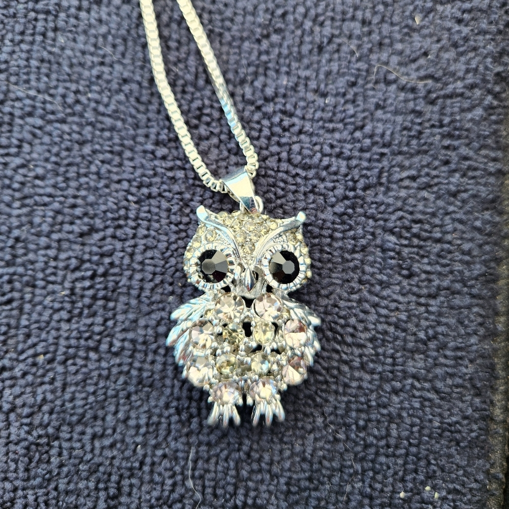 Silver Owl Rhinestone Hollow Out Necklace - Picture 3 of 4